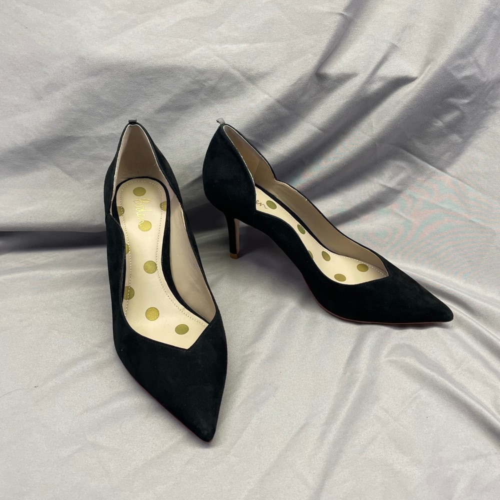 Boden Black Suede Pointed Toe d'Orsay Pumps Wavy Side‎ Heels Size 40